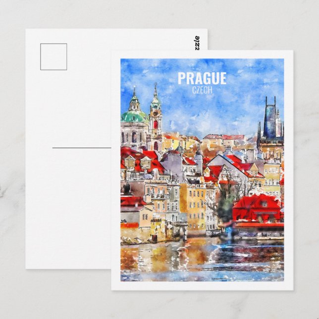 Carte Postale Prague Tchèque célèbre Voyage aquarelle croquis (Devant / Derrière)