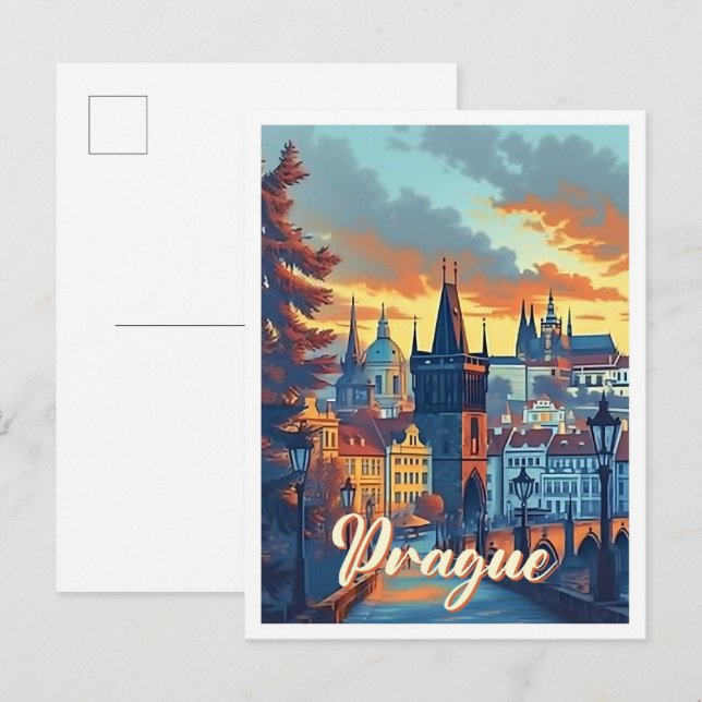 Carte Postale Prague Tchèque Illustration de voyage artistique (Devant / Derrière)