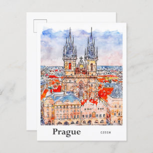 Carte Postale Prague Tchèque Voyage Aquarelle main tirée