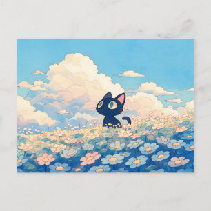Carte Postale Prairie Blue Daisy Kawaii Chat Noir