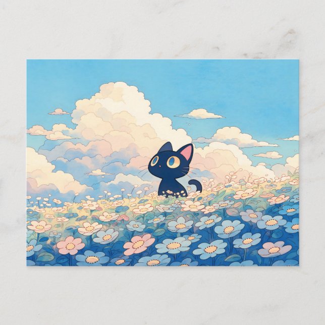Carte Postale Prairie Blue Daisy Kawaii Chat Noir (Devant)