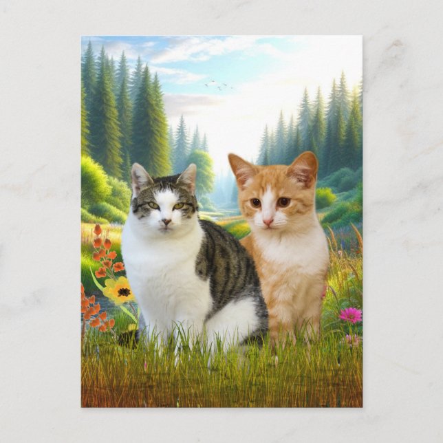 Carte Postale Prairie de fleurs sauvages avec des chats (Devant)