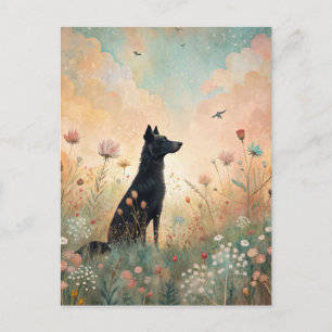 Carte Postale Prairie de fleurs sauvages du chien noir 
