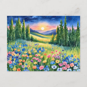 Carte Postale Prairie de fleurs sauvages étoilée à l'aube