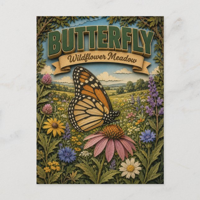 Carte Postale Prairie de fleurs sauvages papillon POPCUT (Devant)