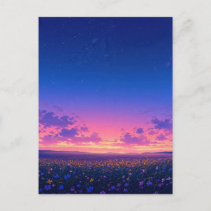 Carte Postale Prairie de fleurs sauvages vibrante sous la nuit é