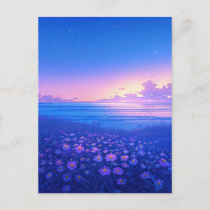 Carte Postale Prairie de Fleurs Sauvages Violettes et Mer Étoilé