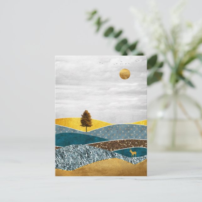 Carte Postale Prairie dorée avec arbre et cerf (Debout devant)