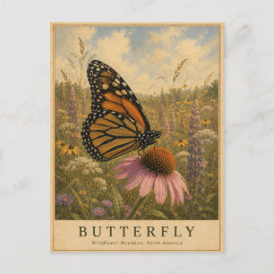 Carte Postale Prairies de fleurs sauvages papillon VINTAGE