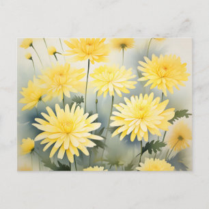 Carte Postale Pré Avec Chrysanthèmes D'Aquarelle