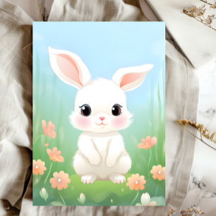 Carte Postale Pré mou : Lapin bébé dans les fleurs du printemps