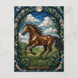 Carte Postale Pré vitrail Illumina Cheval qui roule Prairie