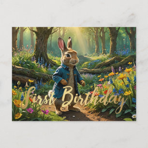 Carte Postale Premier anniversaire de Pierre le lapin en forêt