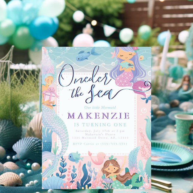 Carte Postale Premier Anniversaire Sirène (First Birthday Unser the sea invitations postcard.)