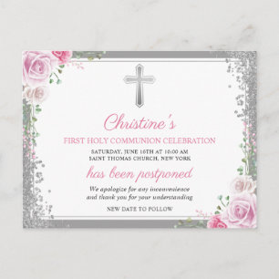 Carte Postale Première communion florale rose Faire-part reporté