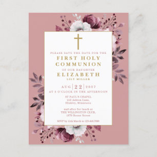 Carte Postale Première Communion Florale Rose Sauver La Date