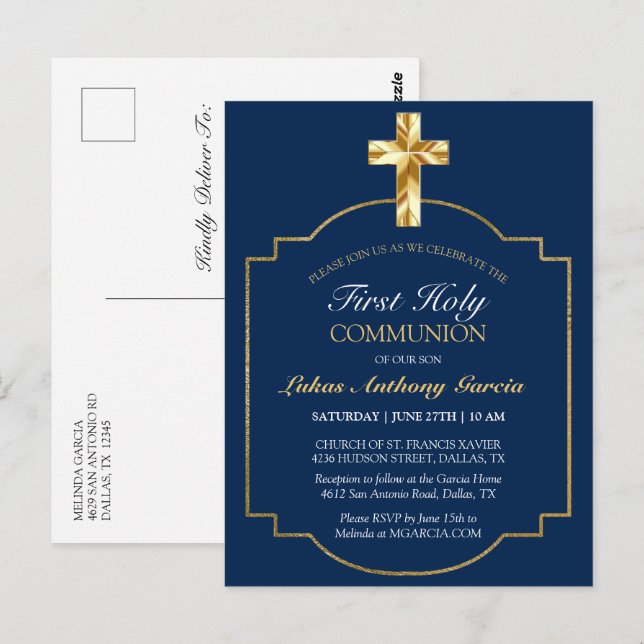 Carte Postale Première Communion Gold Cross Bourgogne Élégant In (Devant / Derrière)