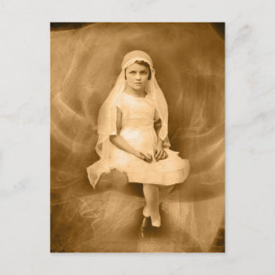 Carte Postale Première Communion vintage fille, Robe, Voile, Ros