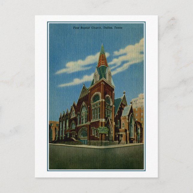 Carte Postale Première église baptiste, Dallas TX vintage (Devant)