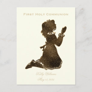 Carte Postale Première Sainte Communion priant fille or Élégant