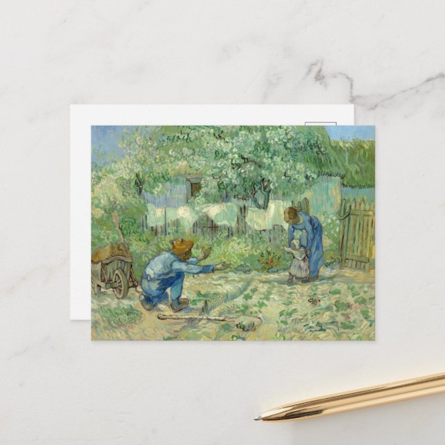 Carte Postale Premiers pas, après Millet par Vincent Van Gogh (Devant/Arrière en situation)