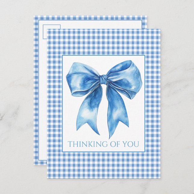 Carte Postale Preppy Blue and White Gingham Plaid and Bow (Devant / Derrière)