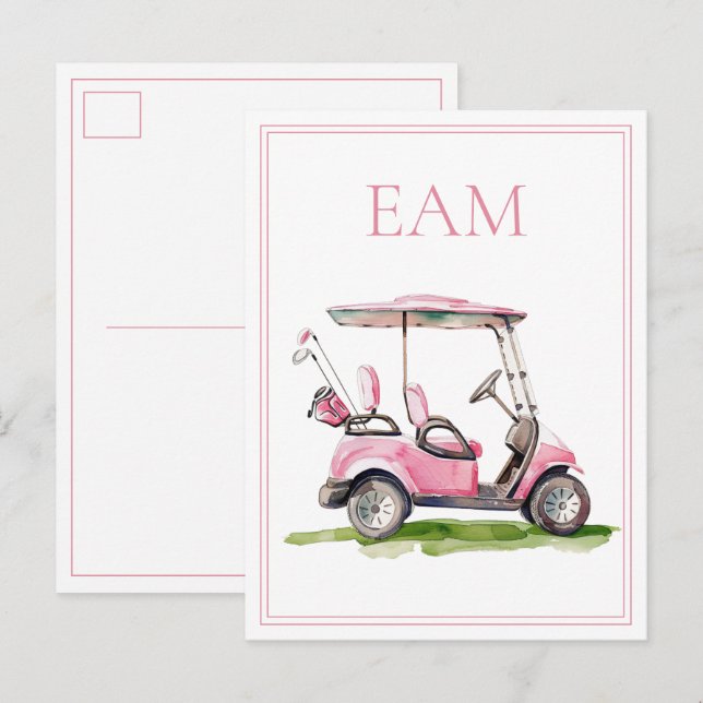 Carte Postale Preppy Pink Golf Cart Monogram (Devant / Derrière)
