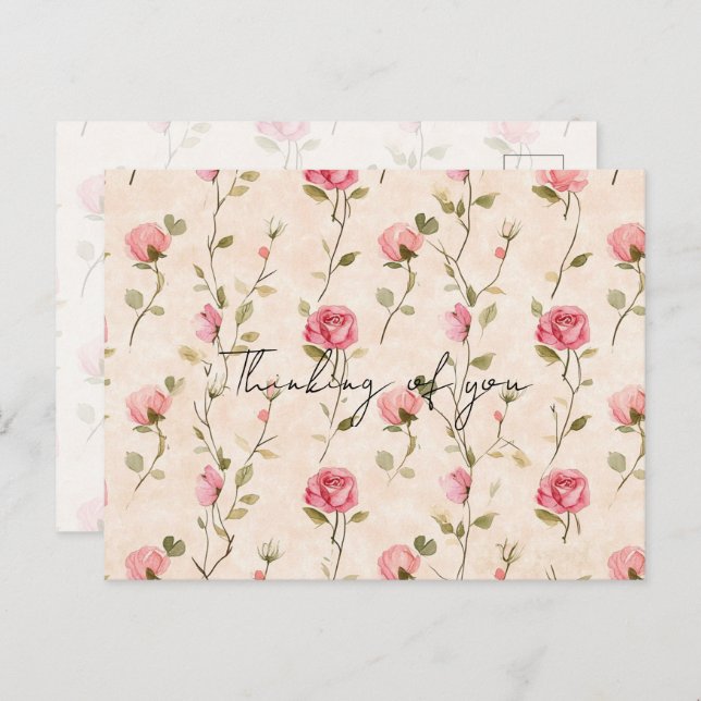 Carte Postale Pretty Pink Cream Roses Floral Thinking of you (Devant / Derrière)