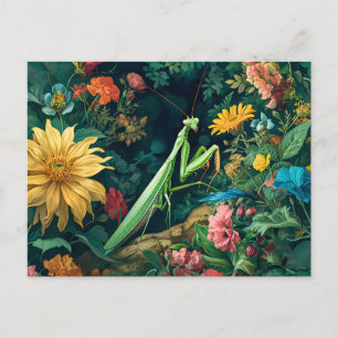 Carte Postale Prière Mantis avec Dahlias et autres fleurs de jar