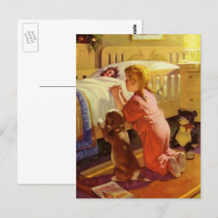 Carte Postale Prières du coucher, Fille avec chiot, Religion vin