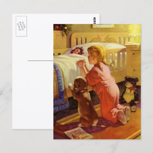 Carte Postale Prières du coucher, Fille avec chiot, Religion vin (Devant / Derrière)