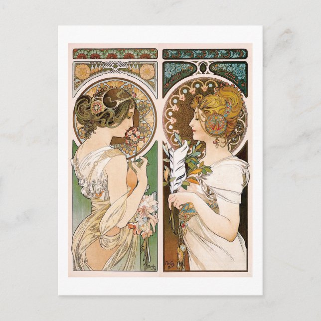 Carte Postale Primroses et plume, Mucha (Devant)