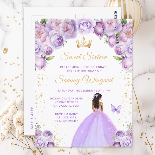 Carte Postale Princesse à la peau foncée et au rose violet clair (Créateur téléchargé)