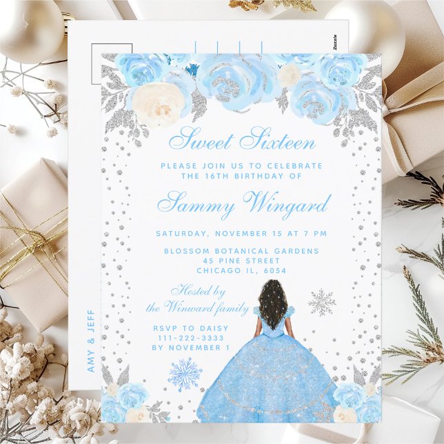 Carte Postale Princesse à peau foncée Sweet Sixteen Hiver Bleu (Créateur téléchargé)