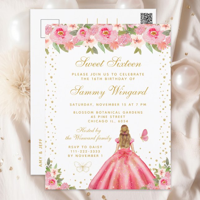 Carte Postale Princesse aux cheveux blonds et fleurs roses pour  (Créateur téléchargé)