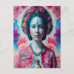 Carte Postale princesse aux fleurs bleues avec veste rose