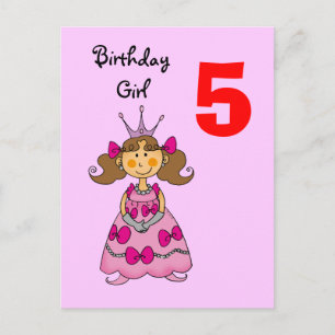 Carte Postale princesse de 5 ans (cheveux bruns)