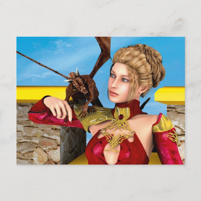 Carte Postale Princesse Dragon Fantastique Art Numérique (Devant)