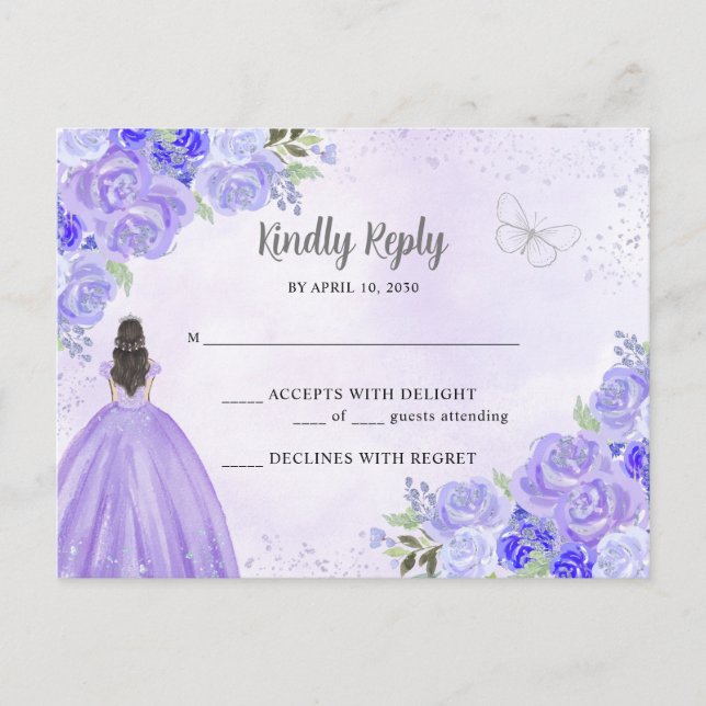 Carte Postale Princesse Florale en Argent Violet Quinceañera RSV (Devant)