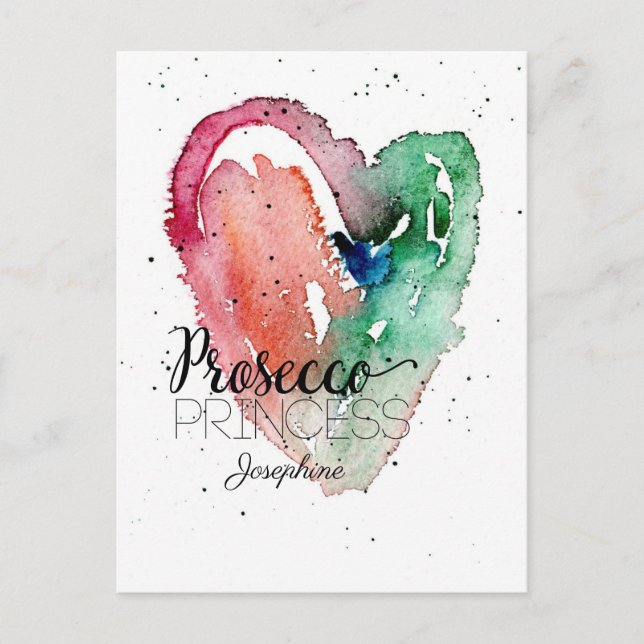 Carte Postale 'Princesse Prosecco' Cœur Aquarelle Monogramme (Devant)