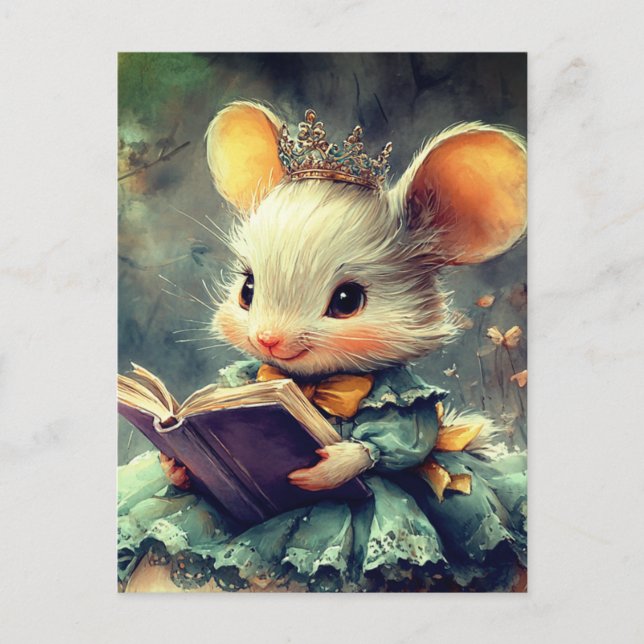 Carte Postale Princesse Souris Adorable Lisant un Livre (Devant)