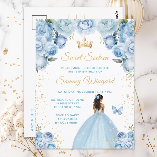 Carte Postale Princesse Sweet Seize Peau Foncée Bleu Clair (Créateur téléchargé)