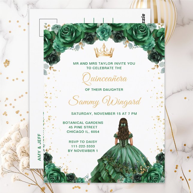 Carte Postale Princesse Vert foncé Floral Quinceañera (Créateur téléchargé)