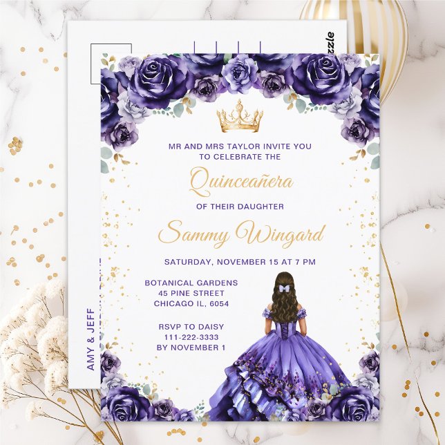 Carte Postale Princesse violette foncée Floral Quinceañera (Créateur téléchargé)