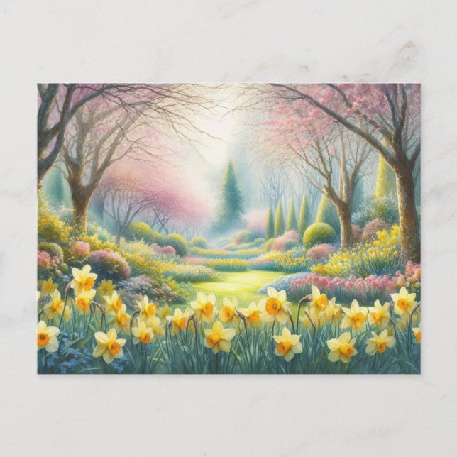 Carte Postale Printemps dans le parc avec jonquilles en fleurs  (Devant)