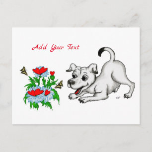 Carte Postale Printemps Éveil, Chiot avec Fleurs et Papillon