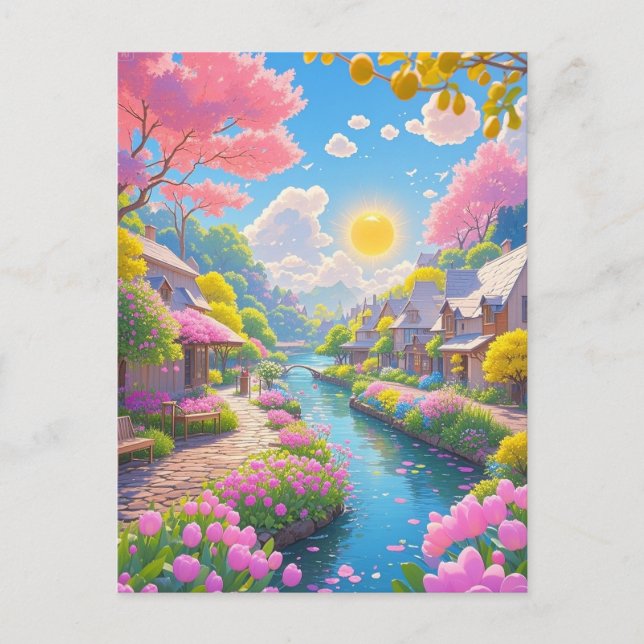 Carte Postale Printemps rose fleurit Pittoresque Riverside Natur (Devant)