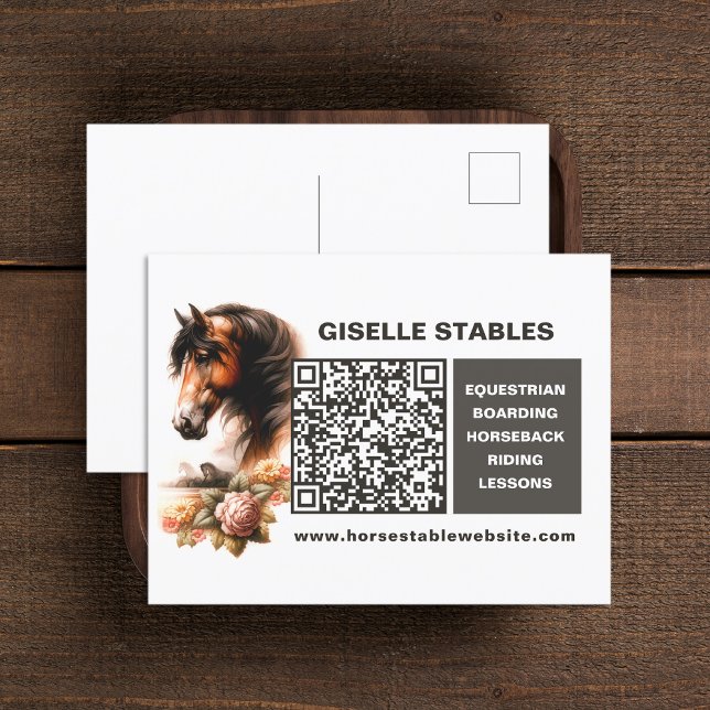 Carte postale professionnelle Cheval avec code QR (Horse Business Postcard with QR Code (front and back))