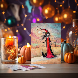 Carte Postale Promenade d'automne Halloween Witch et Black Cat A