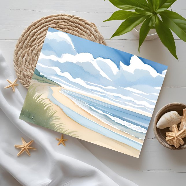 Carte Postale Promenade du rivage | Aquarelle de l'océan côtier (Créateur téléchargé)